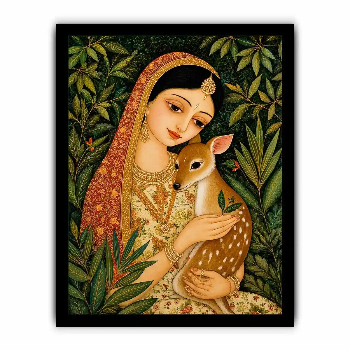 Indian miniature painting woman holding deer in forest serene traditional art wall decor