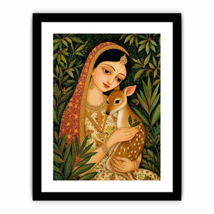 Indian miniature painting woman holding deer in forest serene traditional art wall decor