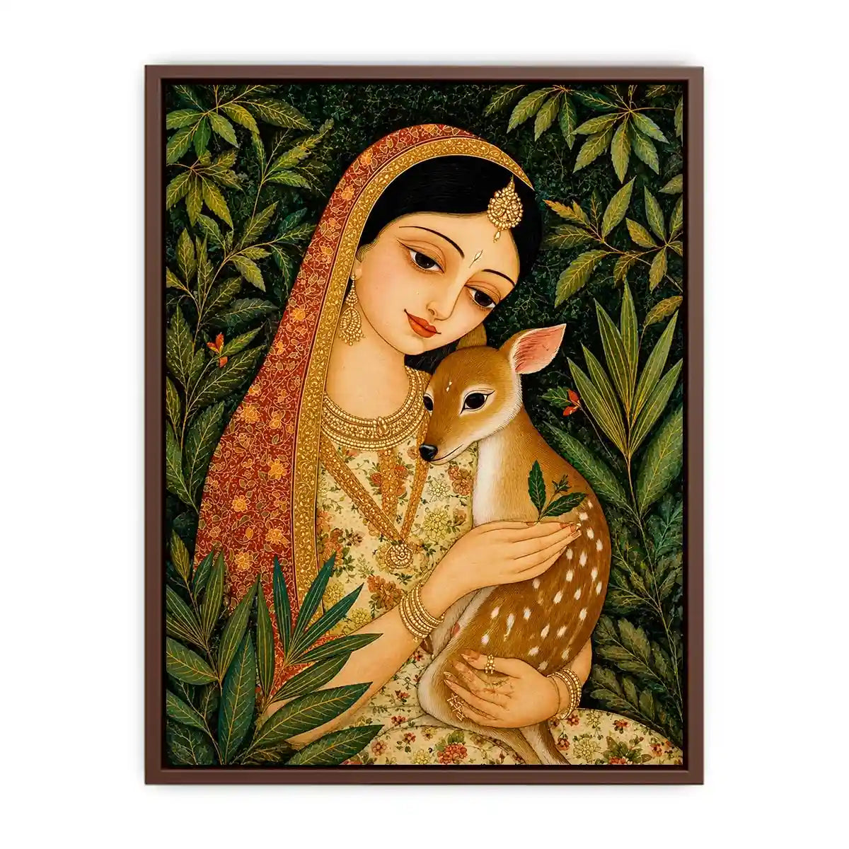 Indian miniature painting woman holding deer in forest serene traditional art wall decor