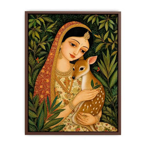 Indian miniature painting woman holding deer in forest serene traditional art wall decor