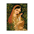 Indian miniature painting woman holding deer in forest serene traditional art wall decor
