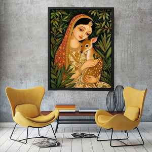Indian miniature painting woman holding deer in forest serene traditional art wall decor