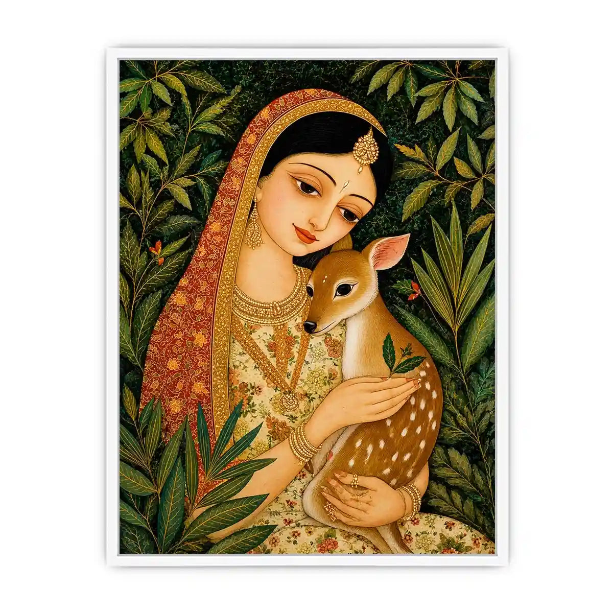Indian miniature painting woman holding deer in forest serene traditional art wall decor