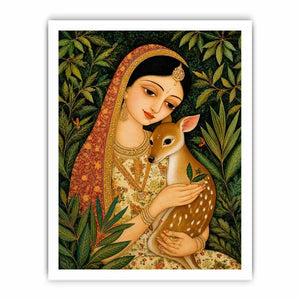 Indian miniature painting woman holding deer in forest serene traditional art wall decor