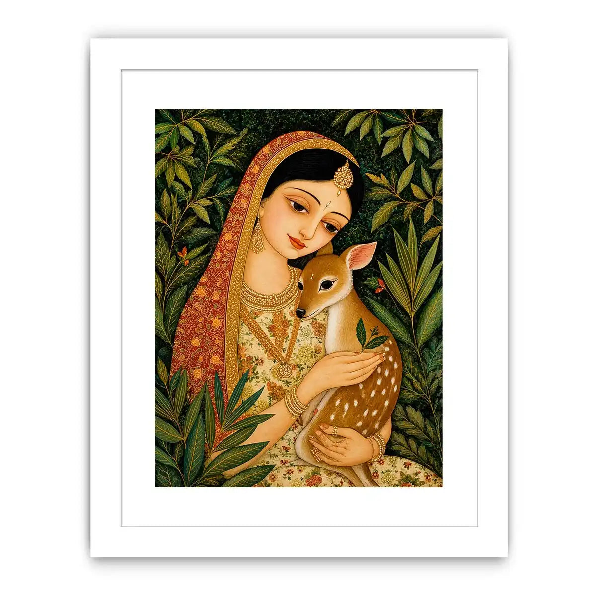 Indian miniature painting woman holding deer in forest serene traditional art wall decor