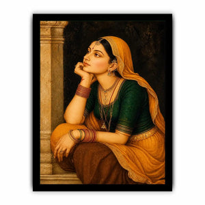 Vintage Indian woman portrait painting wearing golden veil sitting thoughtfully traditional royal art wall decor