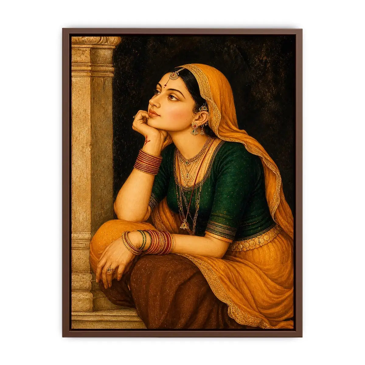 Vintage Indian woman portrait painting wearing golden veil sitting thoughtfully traditional royal art wall decor