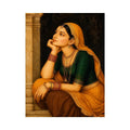 Vintage Indian woman portrait painting wearing golden veil sitting thoughtfully traditional royal art wall decor