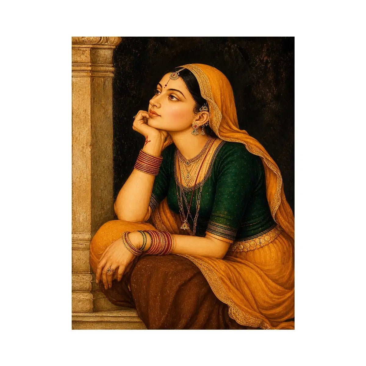 Vintage Indian woman portrait painting wearing golden veil sitting thoughtfully traditional royal art wall decor
