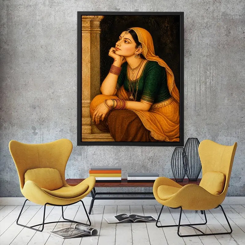 Vintage Indian woman portrait painting wearing golden veil sitting thoughtfully traditional royal art wall decor