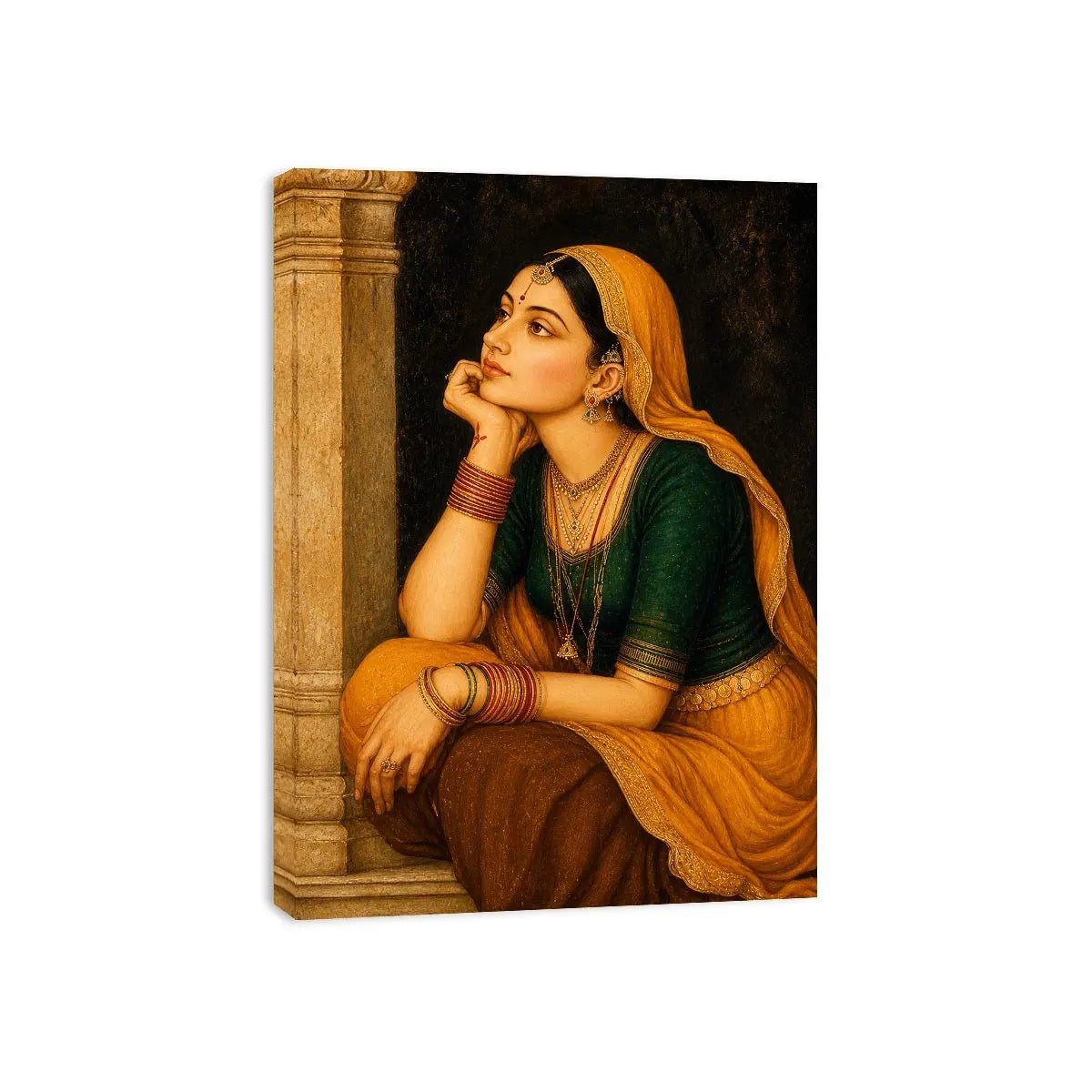 Vintage Indian woman portrait painting wearing golden veil sitting thoughtfully traditional royal art wall decor