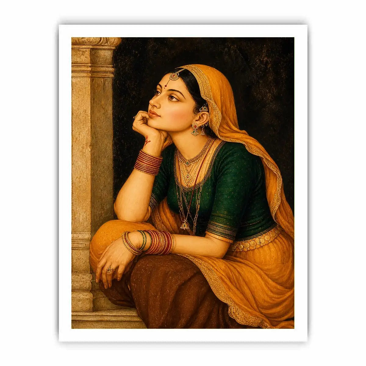 Vintage Indian woman portrait painting wearing golden veil sitting thoughtfully traditional royal art wall decor