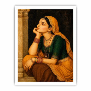 Vintage Indian woman portrait painting wearing golden veil sitting thoughtfully traditional royal art wall decor