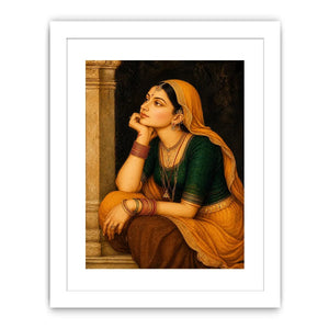 Vintage Indian woman portrait painting wearing golden veil sitting thoughtfully traditional royal art wall decor