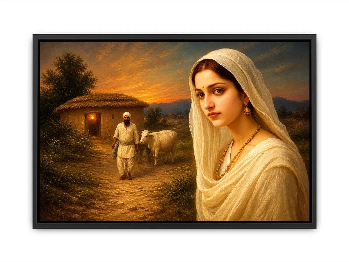 Indian village woman portrait sunset rural scene cow hut traditional painting wall decor