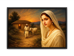 Indian village woman portrait sunset rural scene cow hut traditional painting wall decor