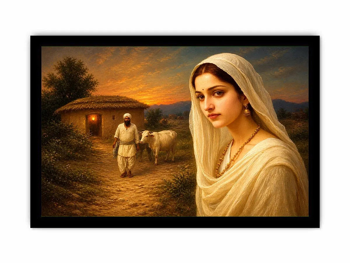 Indian village woman portrait sunset rural scene cow hut traditional painting wall decor