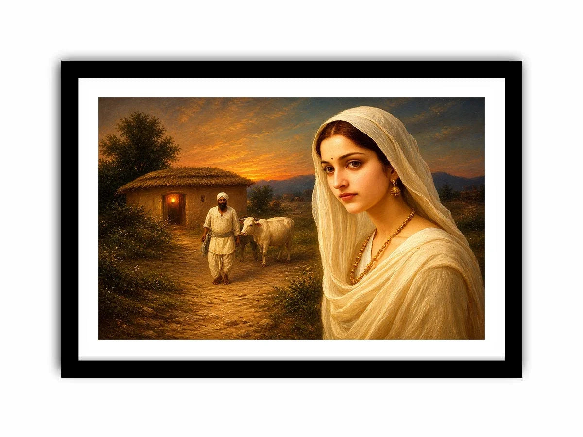 Indian village woman portrait sunset rural scene cow hut traditional painting wall decor