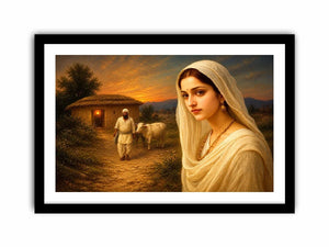 Indian village woman portrait sunset rural scene cow hut traditional painting wall decor