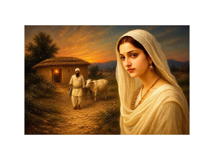 Indian village woman portrait sunset rural scene cow hut traditional painting wall decor