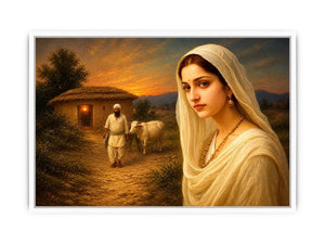 Indian village woman portrait sunset rural scene cow hut traditional painting wall decor