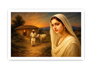 Indian village woman portrait sunset rural scene cow hut traditional painting wall decor