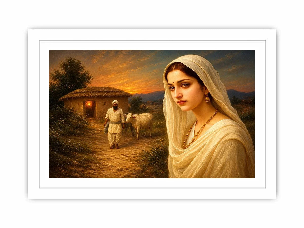 Indian village woman portrait sunset rural scene cow hut traditional painting wall decor