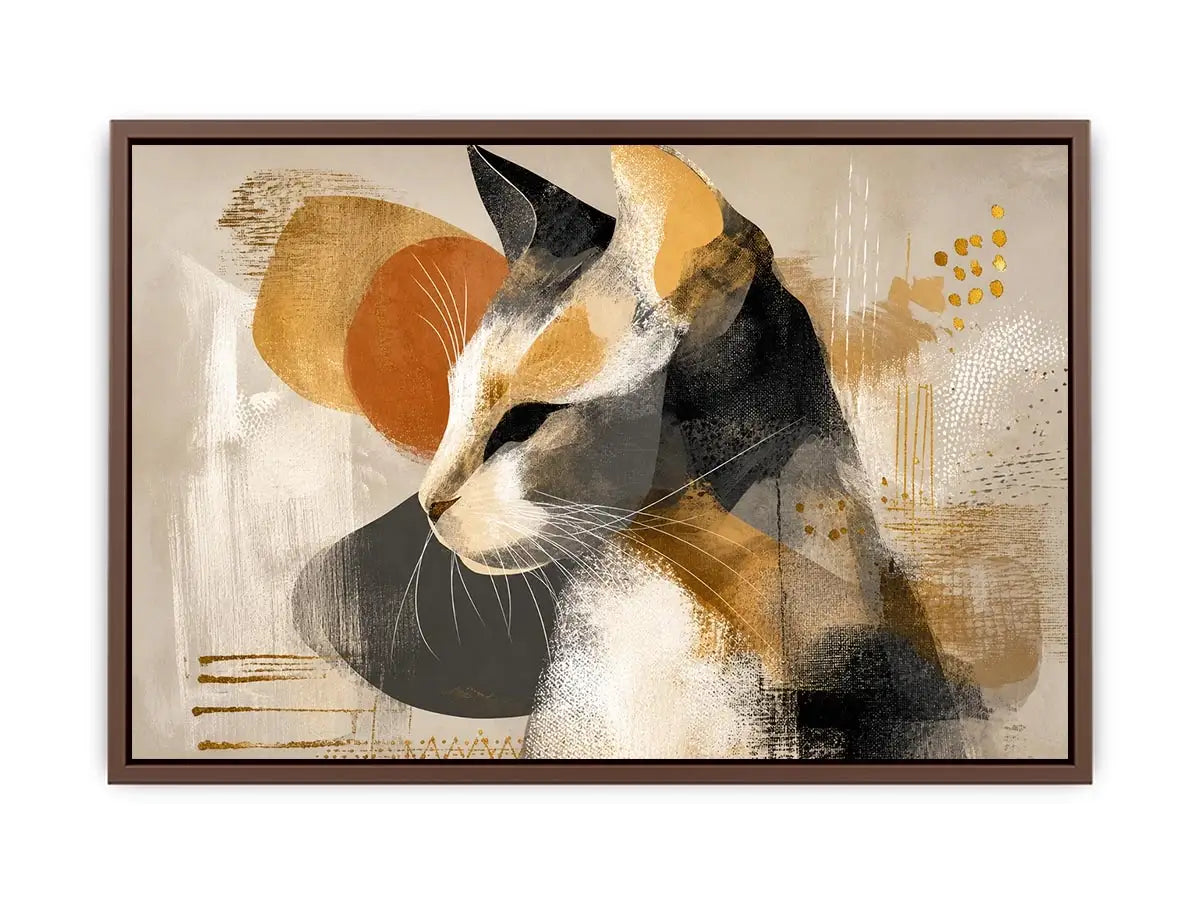 abstract cat painting neutral tones gold accents modern minimalist wall art canvas decor