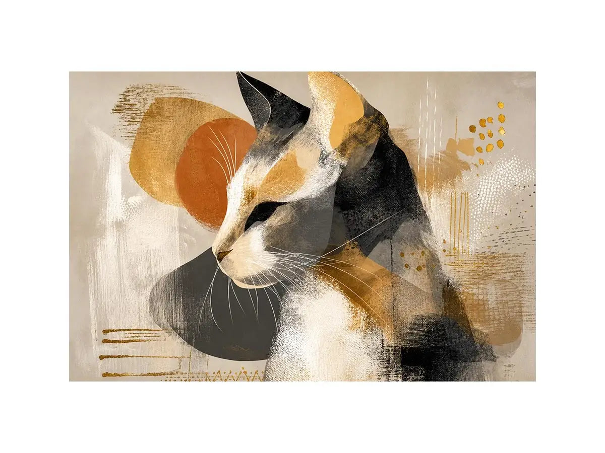 abstract cat painting neutral tones gold accents modern minimalist wall art canvas decor