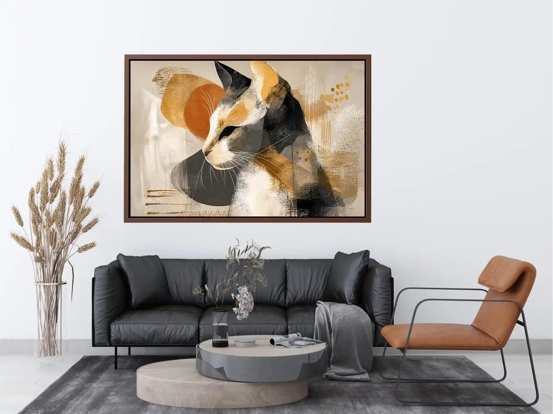 abstract cat painting neutral tones gold accents modern minimalist wall art canvas decor