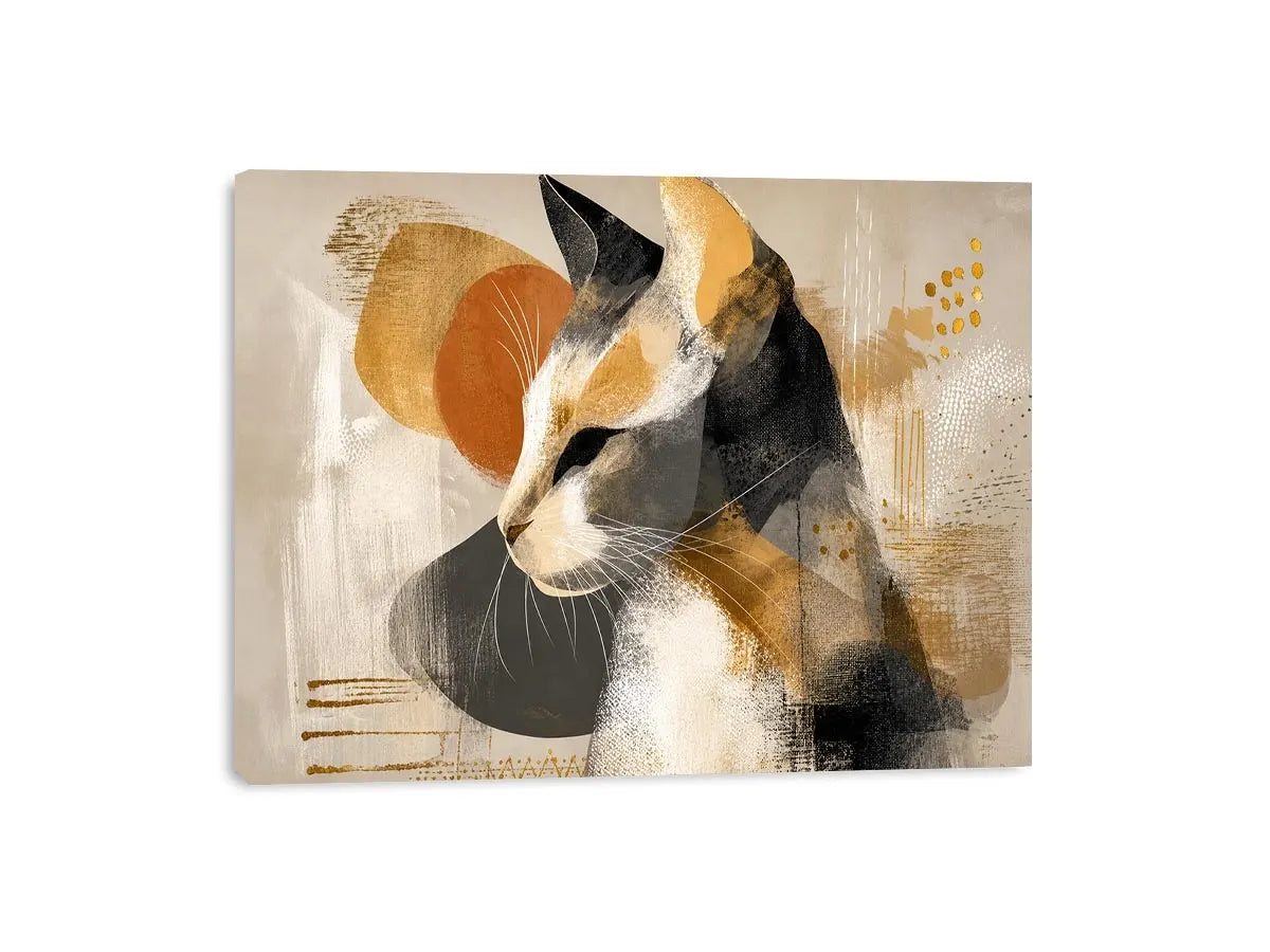abstract cat painting neutral tones gold accents modern minimalist wall art canvas decor
