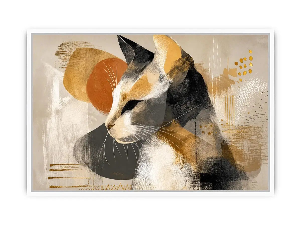 abstract cat painting neutral tones gold accents modern minimalist wall art canvas decor