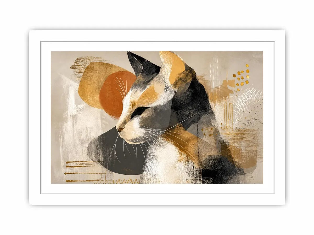 abstract cat painting neutral tones gold accents modern minimalist wall art canvas decor