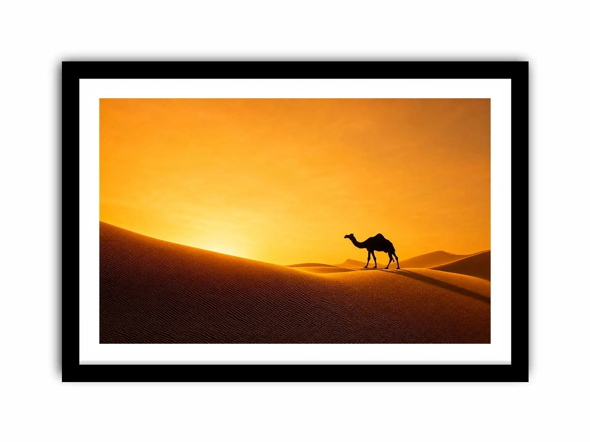 desert camel silhouette sunset sand dunes golden light minimalist wall art canvas decor