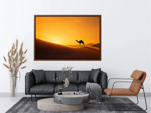 desert camel silhouette sunset sand dunes golden light minimalist wall art canvas decor