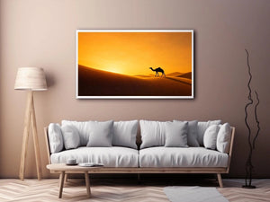 desert camel silhouette sunset sand dunes golden light minimalist wall art canvas decor