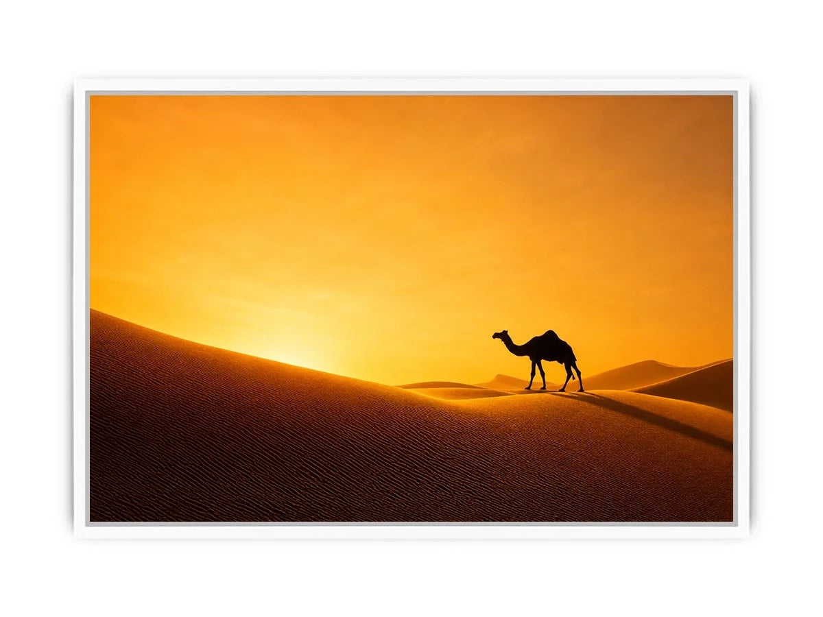 desert camel silhouette sunset sand dunes golden light minimalist wall art canvas decor