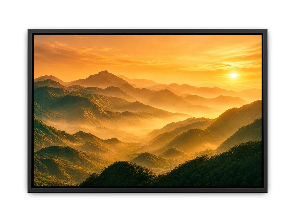 misty mountain landscape sunrise golden light layered hills nature wall art canvas decor