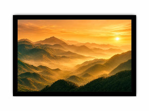 misty mountain landscape sunrise golden light layered hills nature wall art canvas decor