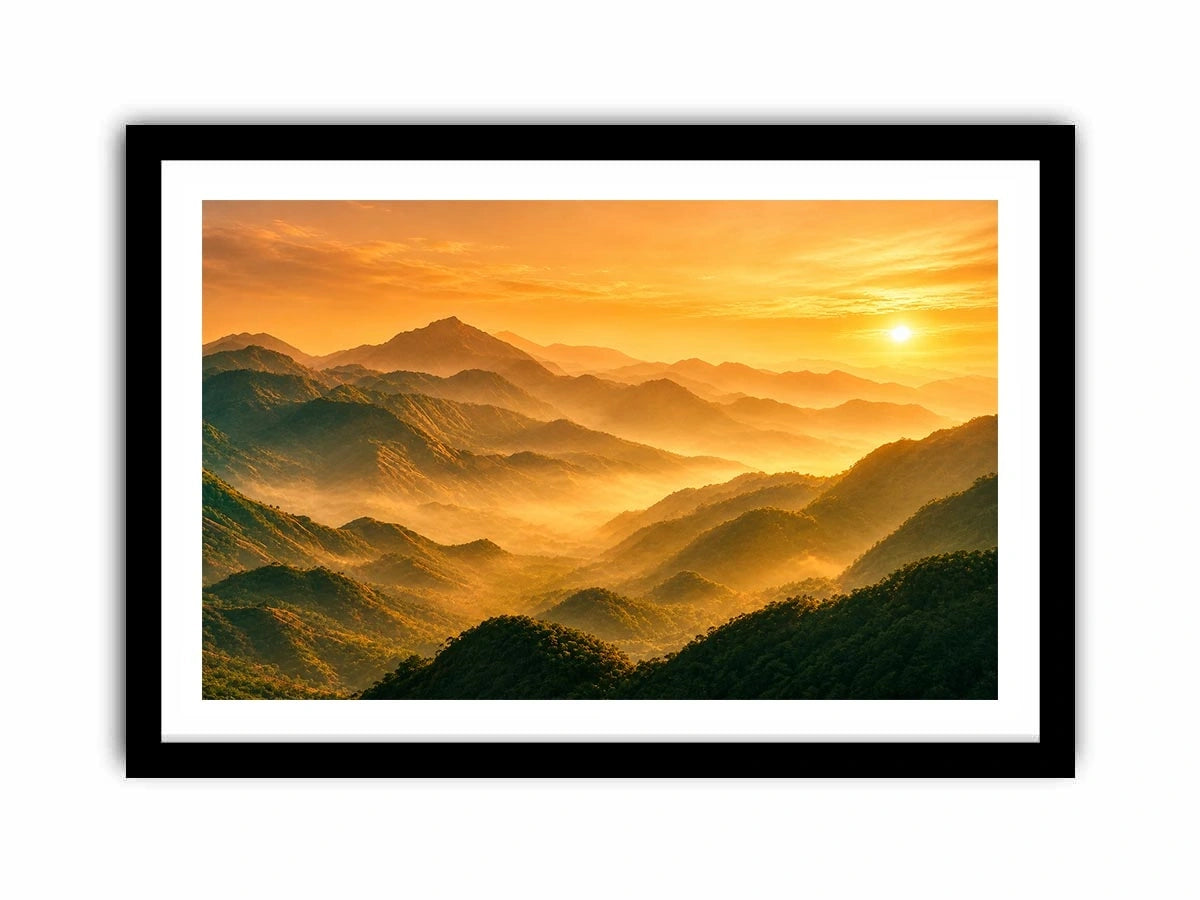 misty mountain landscape sunrise golden light layered hills nature wall art canvas decor