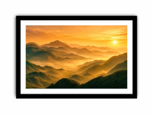 misty mountain landscape sunrise golden light layered hills nature wall art canvas decor