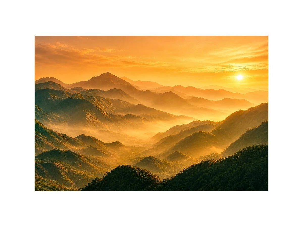misty mountain landscape sunrise golden light layered hills nature wall art canvas decor