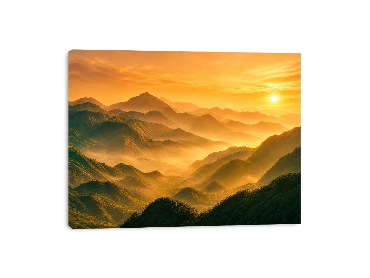 misty mountain landscape sunrise golden light layered hills nature wall art canvas decor