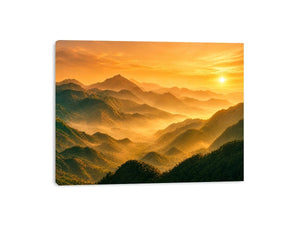 misty mountain landscape sunrise golden light layered hills nature wall art canvas decor