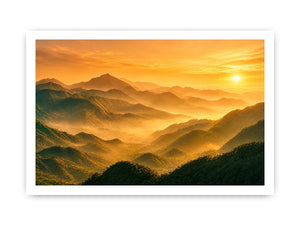 misty mountain landscape sunrise golden light layered hills nature wall art canvas decor