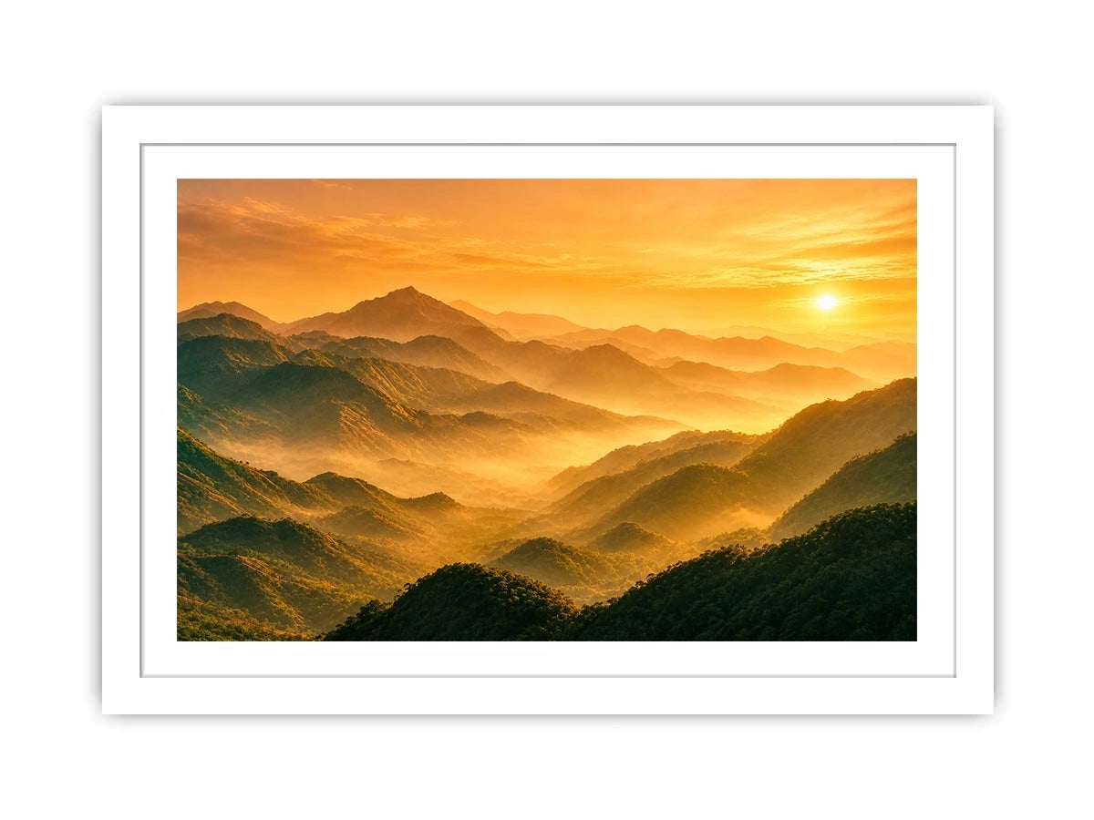 misty mountain landscape sunrise golden light layered hills nature wall art canvas decor