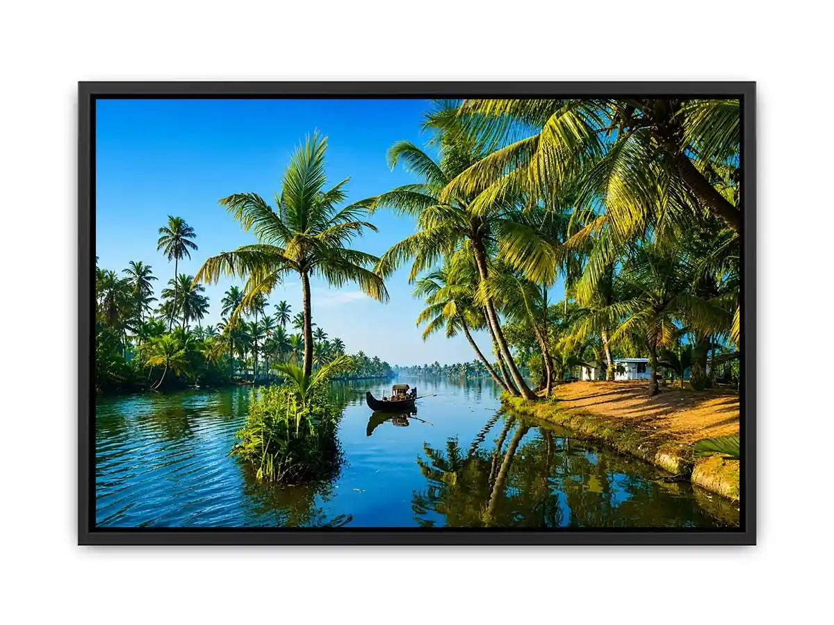kerala backwaters wall art tropical river palm trees boat serene landscape canvas decor