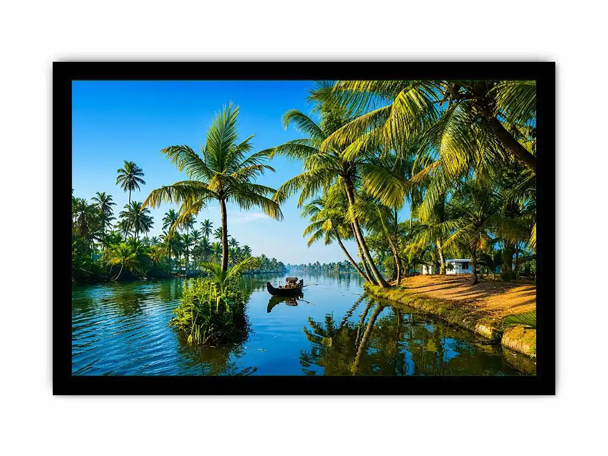 kerala backwaters wall art tropical river palm trees boat serene landscape canvas decor