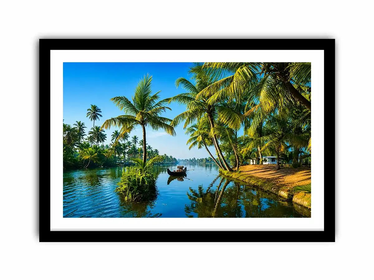 kerala backwaters wall art tropical river palm trees boat serene landscape canvas decor