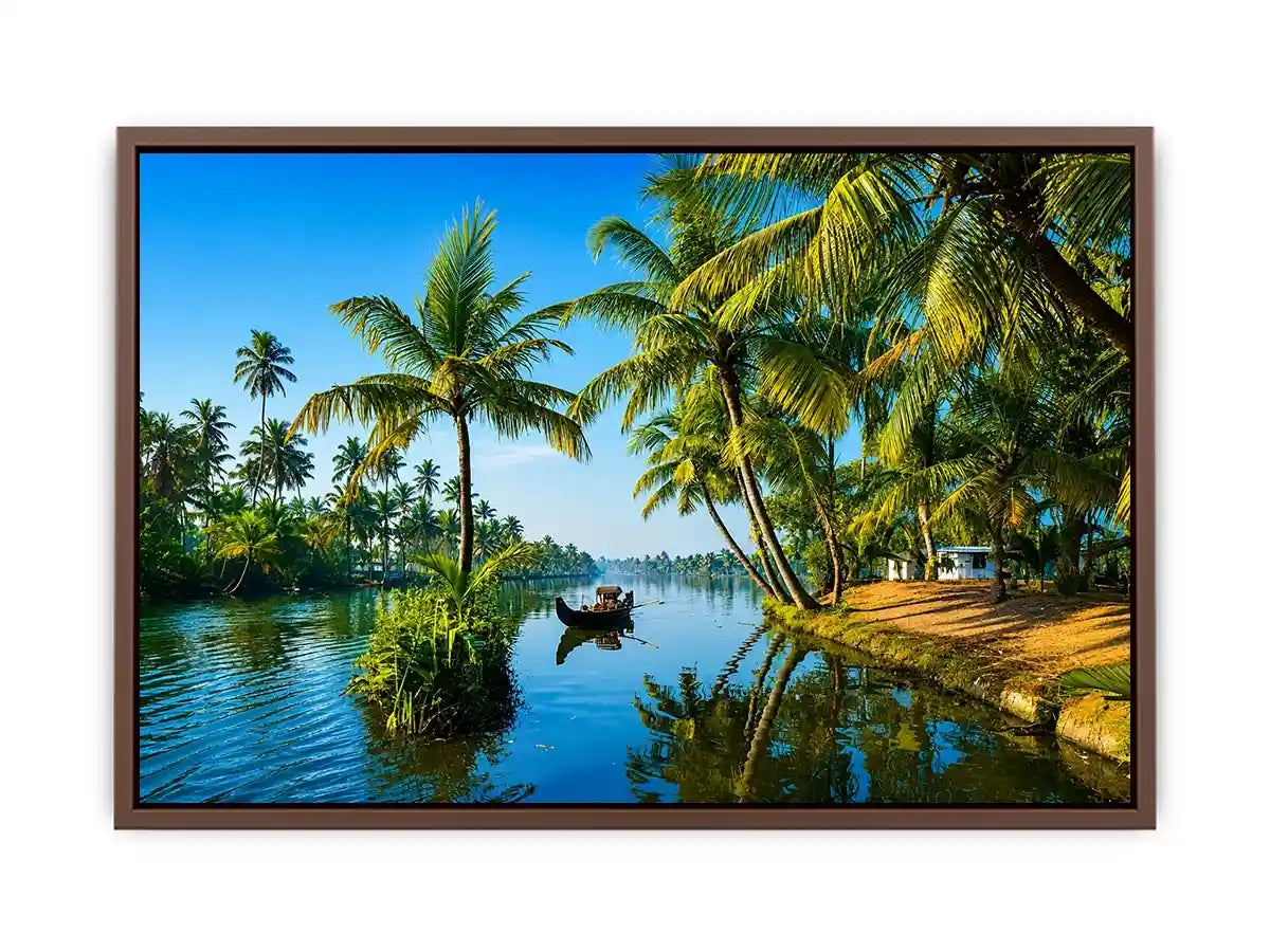 kerala backwaters wall art tropical river palm trees boat serene landscape canvas decor